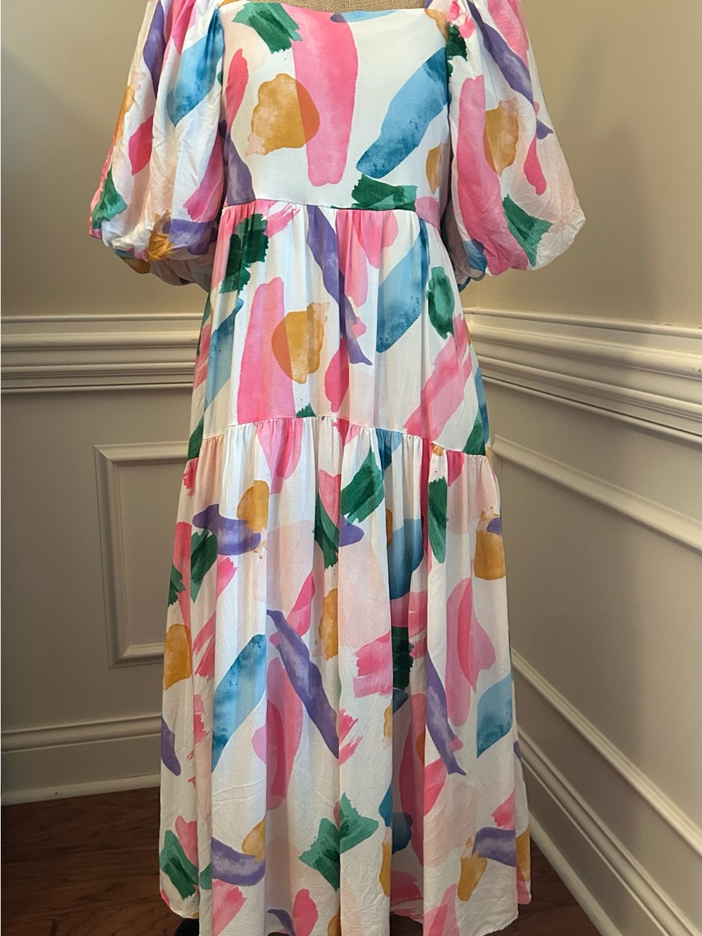 entro White Maxi Dress with Pink, Blue, Green & Gold Watercolor Print